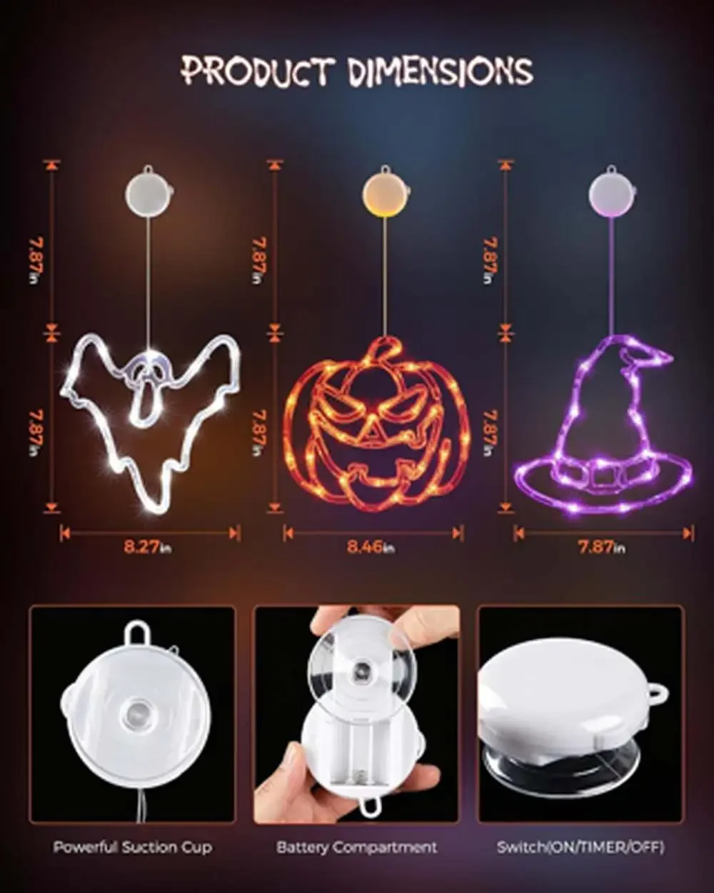 Halloween Window Lights 3 Pack Pumpkin Ghost Hat Battery Operated with Timer